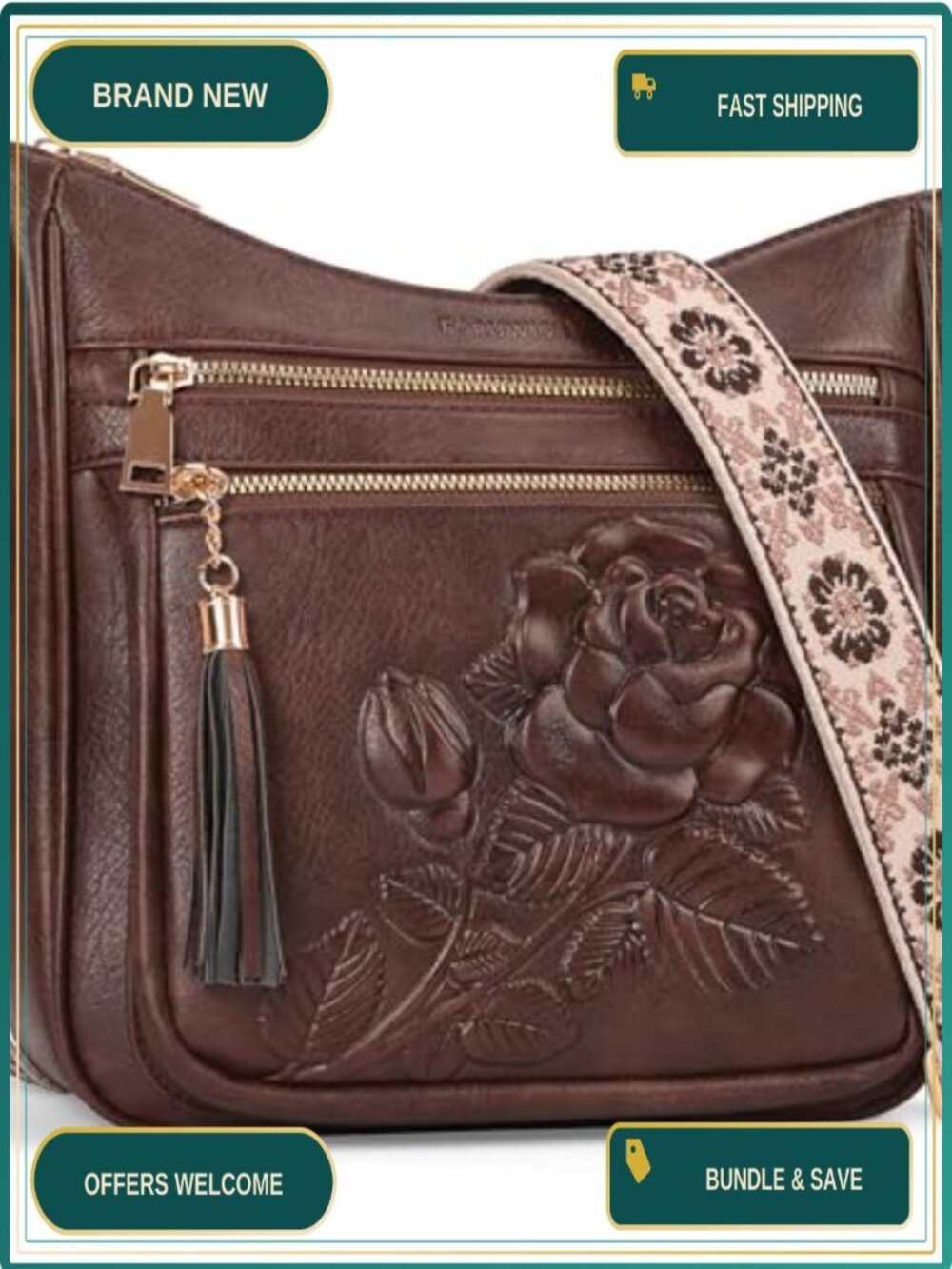 Vegan Leather Crossbody Bag Embossed Rose Floral Purse Multi-Pocket
